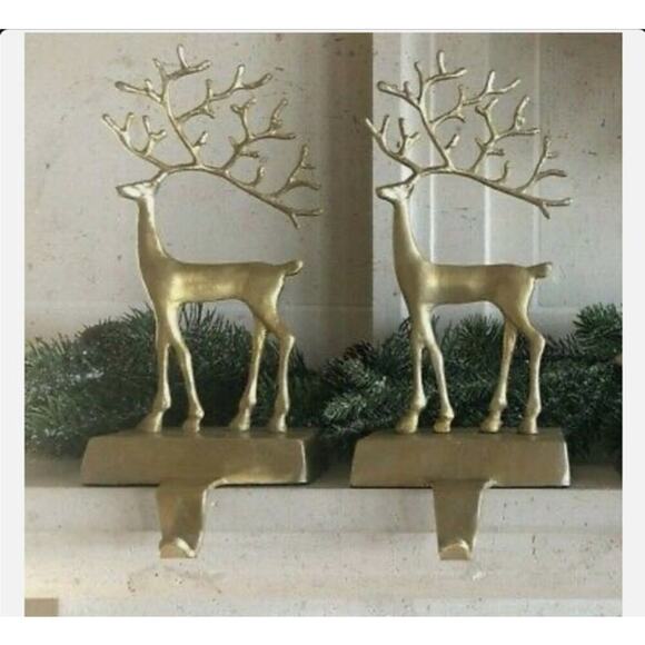Pottery Barn Large Gilded Reindeer Gold Christmas Stocking Holders - Set of 2 - Picture 1 of 6